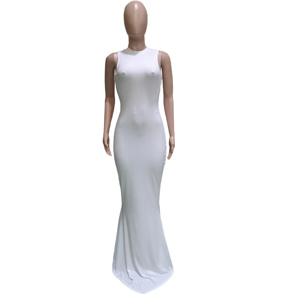 

Solid Color Rib Elegant Mermaid Dress Women Fashion O Neck Sleeveless Bandage Dress Vintage Ladies High Waist Club Party Dresses
