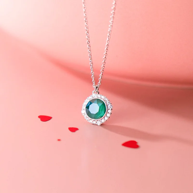 

Ginin 925 Sterling Silver Women Korean-Style Fashionable Elegant Round Crystal Pendant Necklace Inlaid Zircon Chain Jewelry