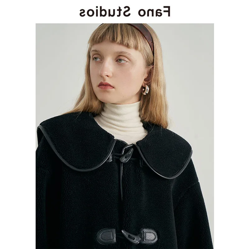 Winter New Fur One-piece Loose Aging Navy Collar Ox Horn Buckle Coat Women