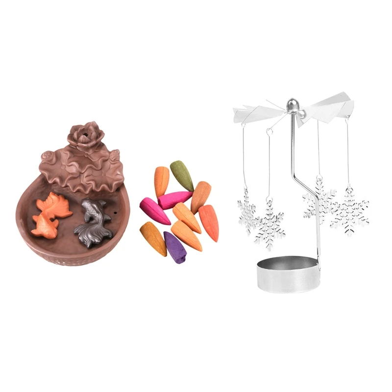 

1 Pcs Koi Fish Good Luck Incense Smoke Backflow Incense Burner & 2 Pcs Metal Snowflake Carousel Tea Light Candle Holder