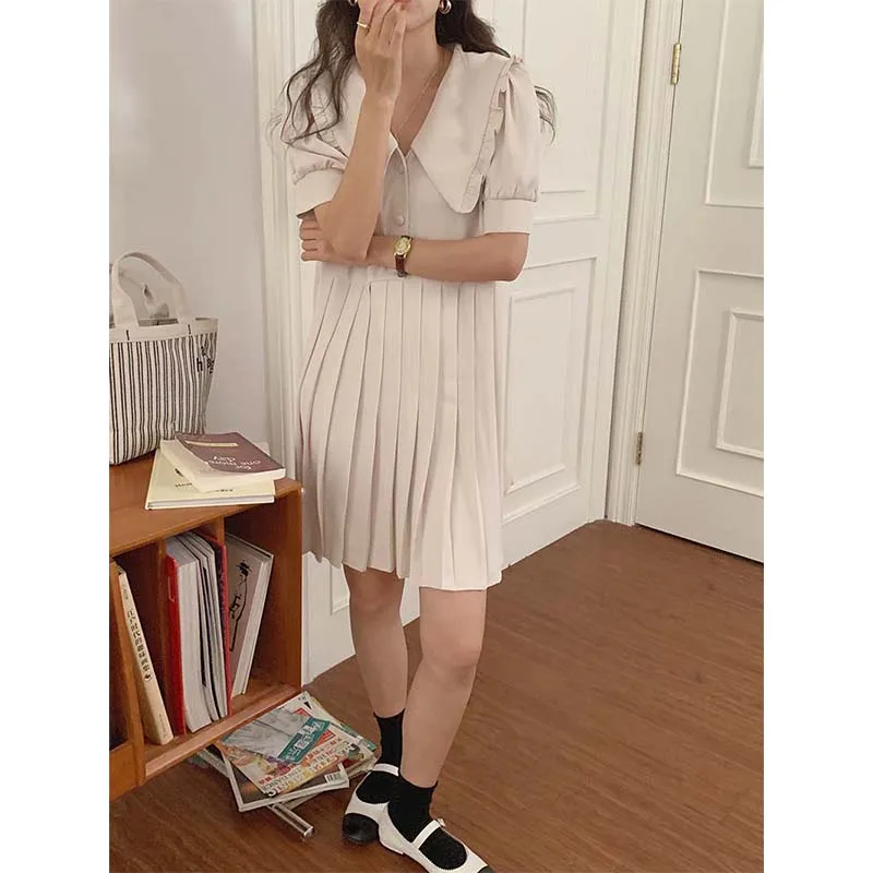 

Женское платье с воротником «Питер Пэн», однотонное Плиссированное винтажное платье-мини в стиле ретро, свободное платье для выпускного ве...