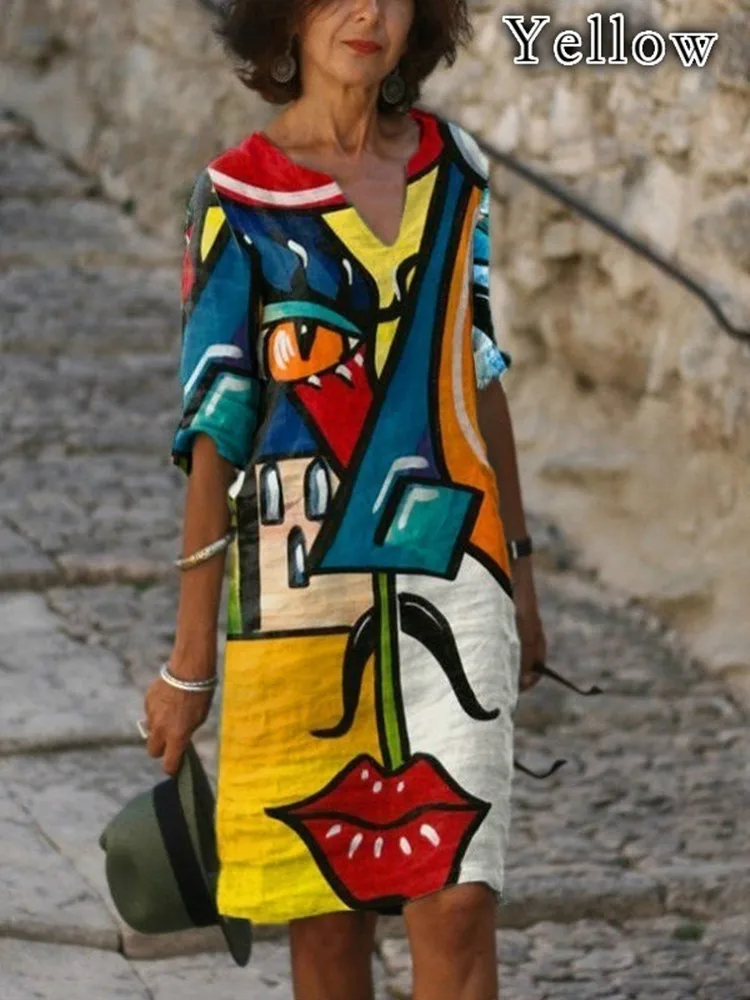 

5XL Women's Spring/Summer 2021 Fashion Brand Retro Eye Pattern Dress Middle Sleeve V-neck Long Sleeve Sexy Harajuku Dress Women