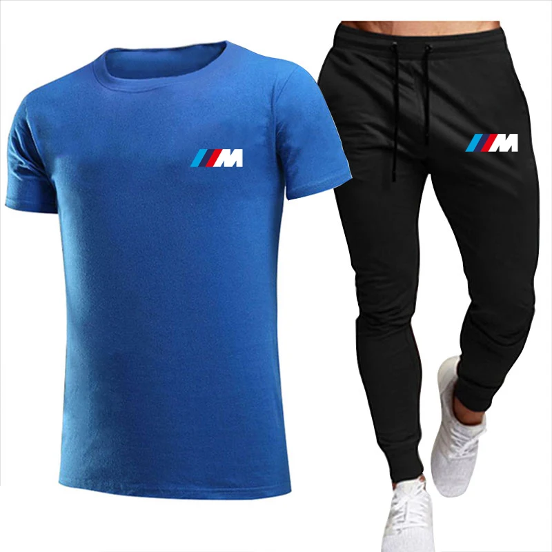 

2021BMW M fashion casual sportswear summer letter printing suit men's jogging suit fitness clothes men's T-shirt + pants 2-piece