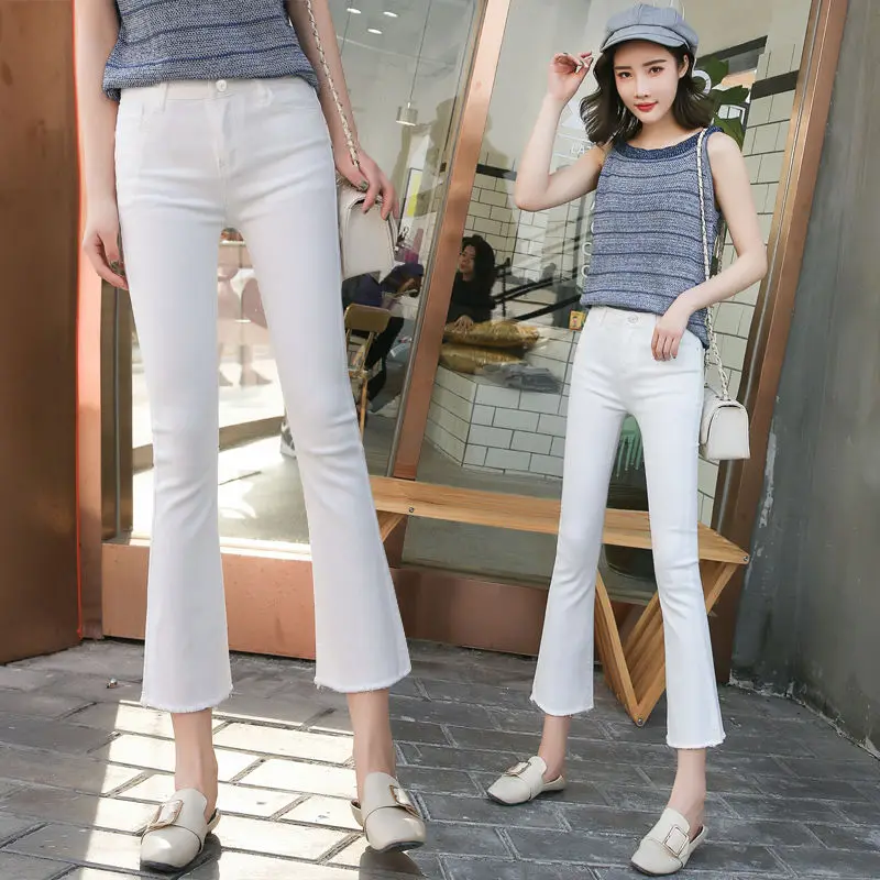 

Spring Autumn Women High Waist Elastic Straight Denim Pants Micro-bell Pants Jeans Women Students Raw Edges Slim Trouser Casual