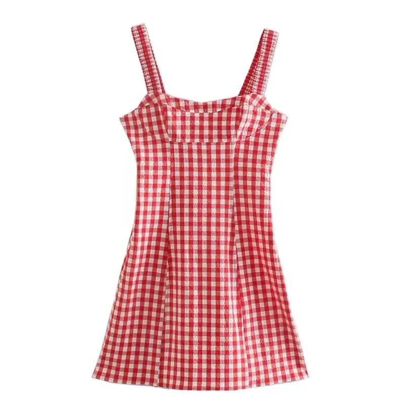 

REUL женщин 2021 Za Мода Красный Клетчатый мини-платье в винтажном стиле Sweet с низким вырезом на спине эластичный Бюстгалтер с молнией сбоку женс...