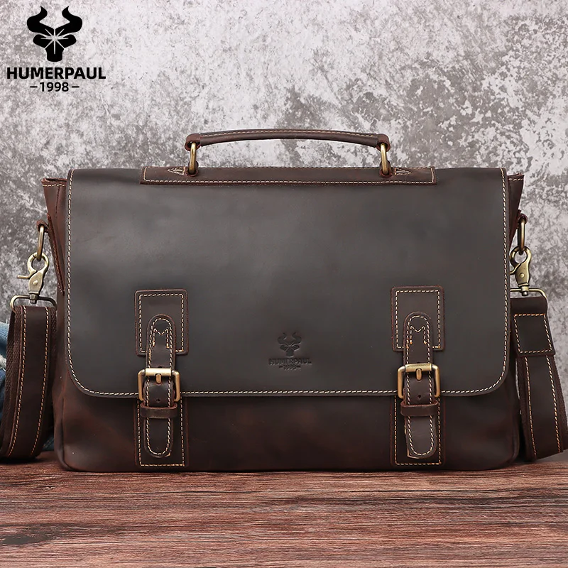 HUMERPAUL Men Briefcase Crazy Horse Leather Laptop Bag Doctor Lawyer Computer Bag Cowhide Male Briefcase Cow Leather Men Bag