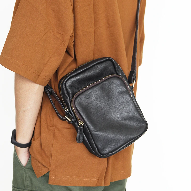 LANSPACE men's leather shoulder bag genuine leather bag fashion men bag mini mobile phone bag