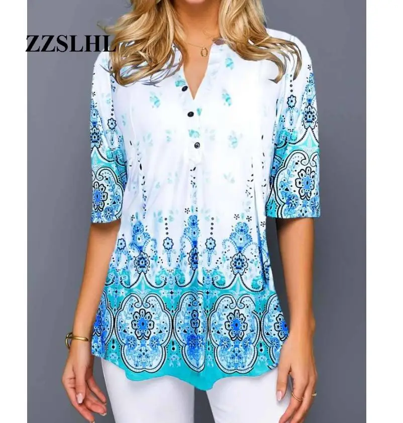 

Plus Size 4xl 5XL Shirt Blouse Female 2020 Spring Summer New Tops V-neck Half Sleeve Lace Splice Print Boho Women shirt