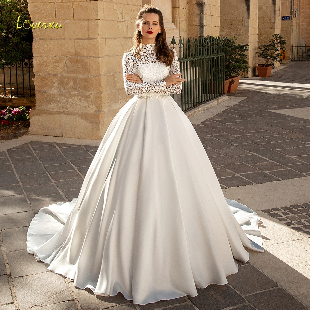 Loverxu с высоким воротом мусульманское бальное платье Свадебные платья Аппликация