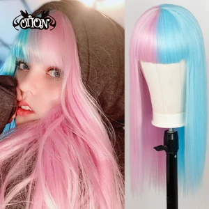 Lolita half Pink half Blue wig for Women Synthetic Wig with Bangs Heat Resistant Cosplay Wigs Halloween Wig