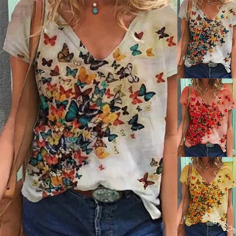 

Mandylandy Women Casual Fashion Loose Butterfly Print Shirt Top Lady Spring Summer Short Sleeve V Neck T-shirt