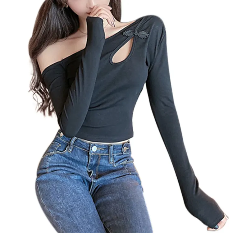 

Women Oblique Shoulder Long Sleeve Cut Out Embroidered Buckle Long Sleeve Basic Undershirts Slim Bodycon Shirt Tops