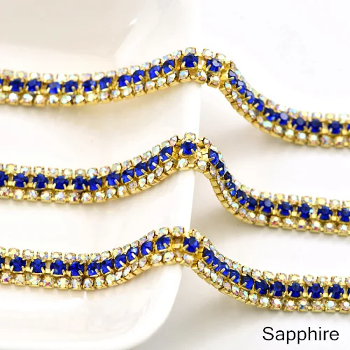 Sapphire 3 ряда 1 ярд стразы Кубок цепи с золотой коготь красочные Стекло Strass Rhinetones обрезки Швейные Ремесло украшения Y2286 - Цвет: Sapphire
