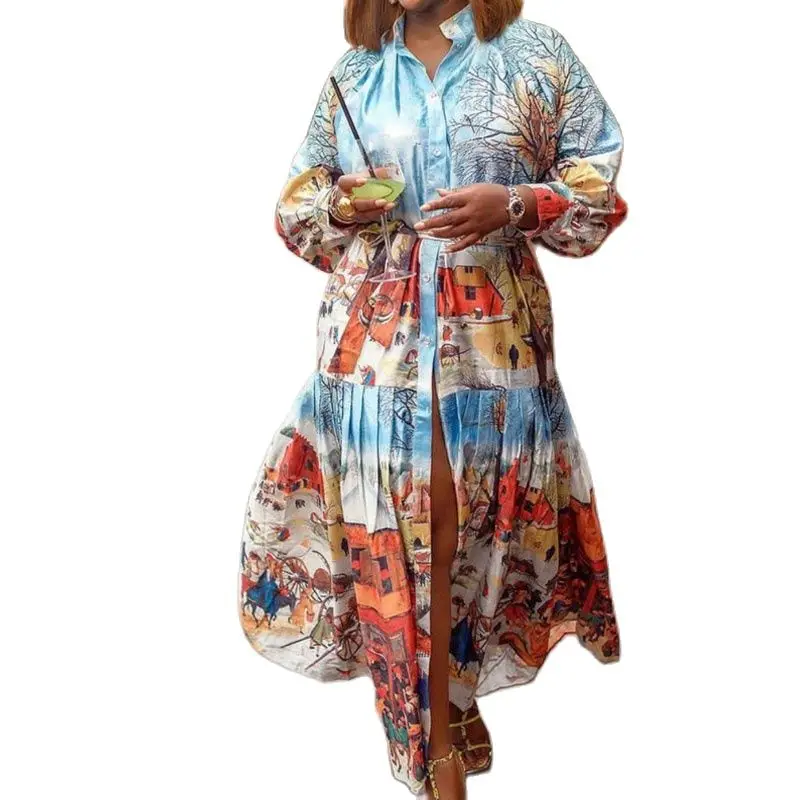 

Women Dress Beach Style Print Thin Puff Sleeve Deep Collar Chiffon Tassel Loose Wild 2021 New Summer Fashion