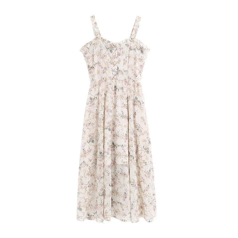 

Spaghetti Strap Dress Women French Elegant Vintage Floral Dress Sweet 2021 Summer Fashion Clothing Party One Piece Dress Korean