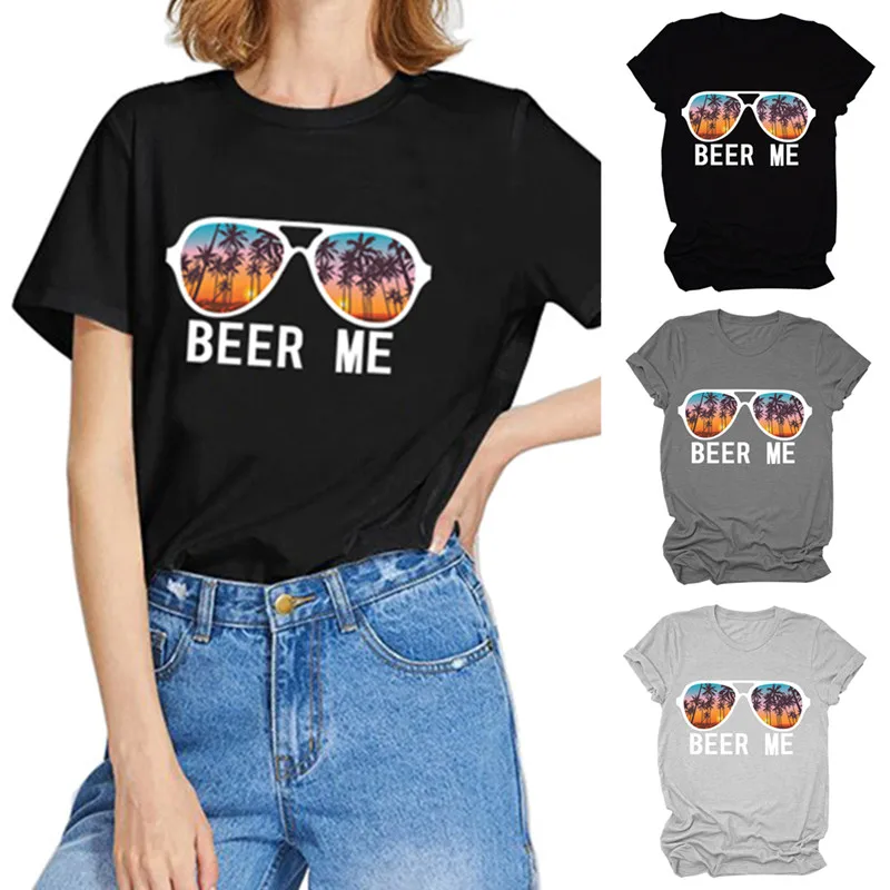 Женская Пляжная футболка с надписью Beer Me Glasses веселая хипстерская круглым
