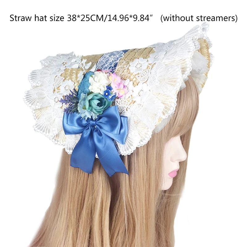 

2021 New Handmade Lolita Pastoral Bonnet Straw Hat Sweet Ruffled Lace Trimming Ribbon Elegant Tea Party Floral Cosplay Sun