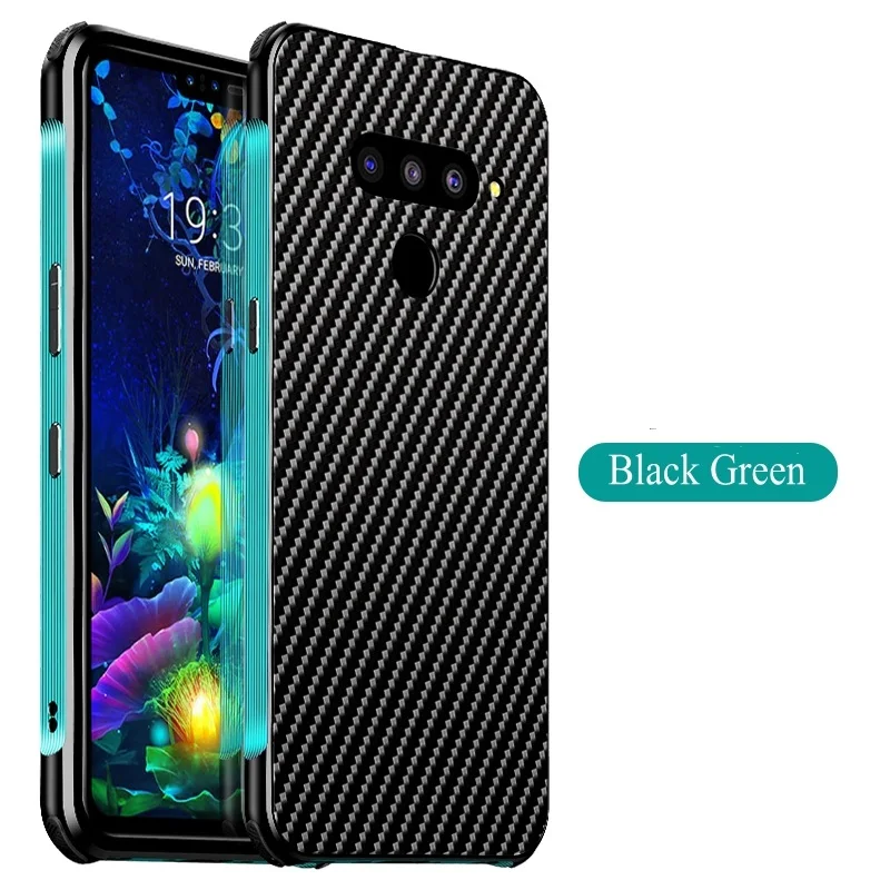 Чехол для LG V50 V40 чехол thinq металлический алюминиевый бампер рамка углеродное волокно текстура PC задний Чехол для LG G8 G7 чехол thinq - Цвет: Black Green