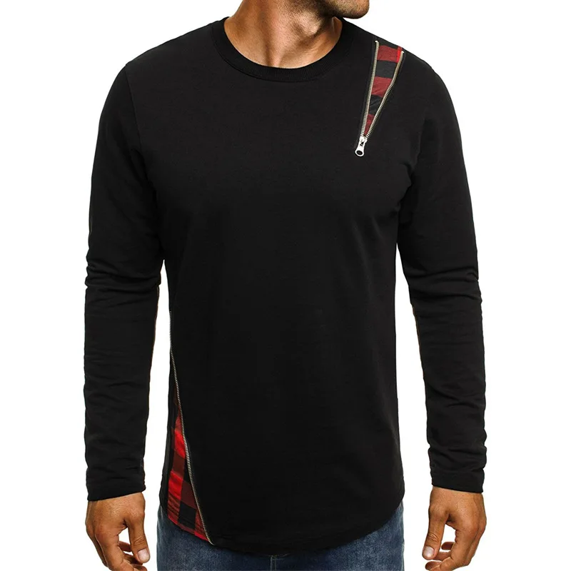

Men's T-Shirt Long Sleeve Round Neck Patchwork Pullover T-Shirt Casual Slim Type Tops with Zipper