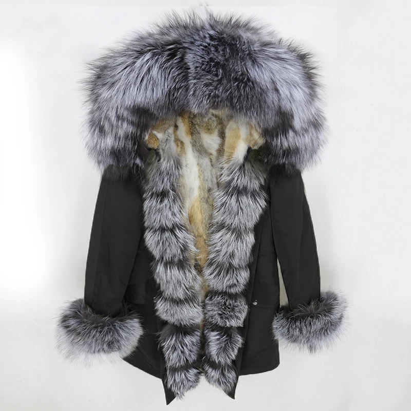 OFTBUY, водонепроницаемая парка, натуральное меховое пальто, зимняя куртка для женщин, воротник из натурального меха енота, капюшон, подкладка из натурального кроличьего меха, съемная - Цвет: black silver