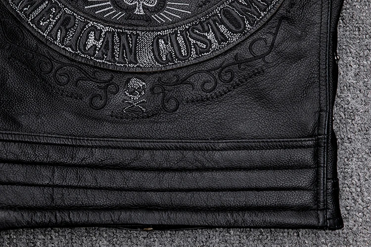 Black Men Skulls Embroidery Motorcycle Leather Jacket Plus Size XXXXL Genuine Cowhide Spring Slim Fit Biker's Leatther Coat