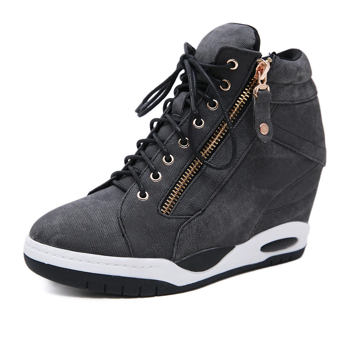 

Autumn Winter Canvas Ankle Boots Women Wedge Boots Platform Female Motorcycle Shoes Lace Up High Top Sneakers