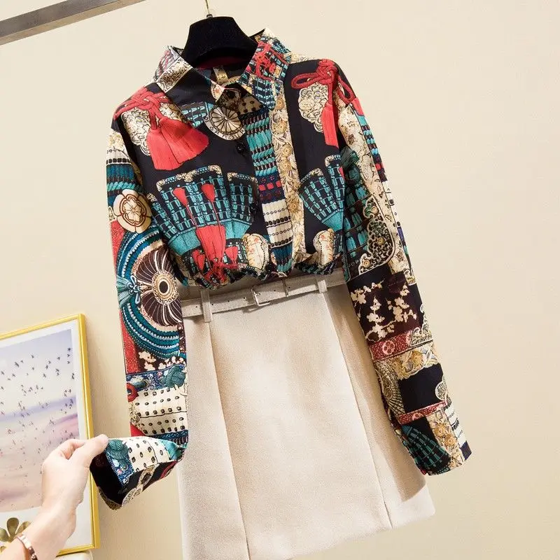 

2021 spring retro national style versatile design feeling printed chiffon shirt long sleeve blouse western style shirt autumn