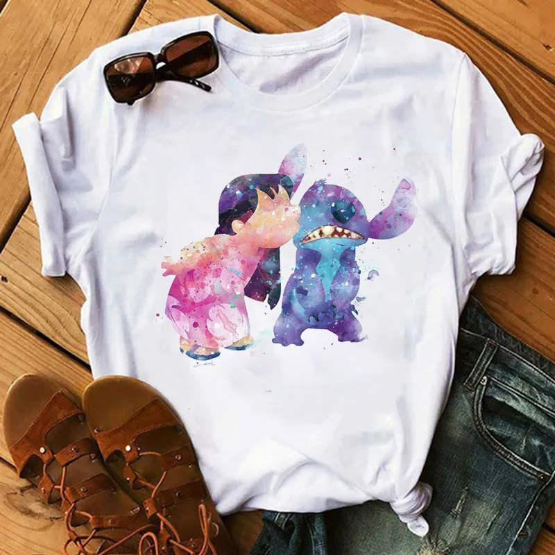 

Disney Watercolor Lovely Cartoon Female Printed Lilo Stitch Harajuku Kawaii Women T Shirts Summer Fashion T-Shirt Casual Tops