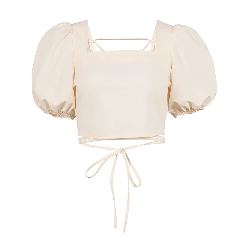 

SuperAen 2021 Spring and Summer New Fashion Sexy Square Neck Halter Lace Shirt Puff Sleeve Sleeve Short Blouse Women Tops