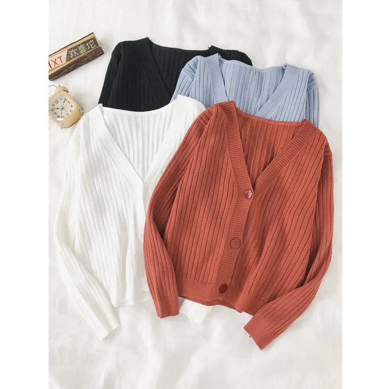 

2020 Women Knitted Single-breasted Cropped Cardigan Sweater Vintage V neck Exposed navel Short Knitwear Long sleeve Jumper Tops