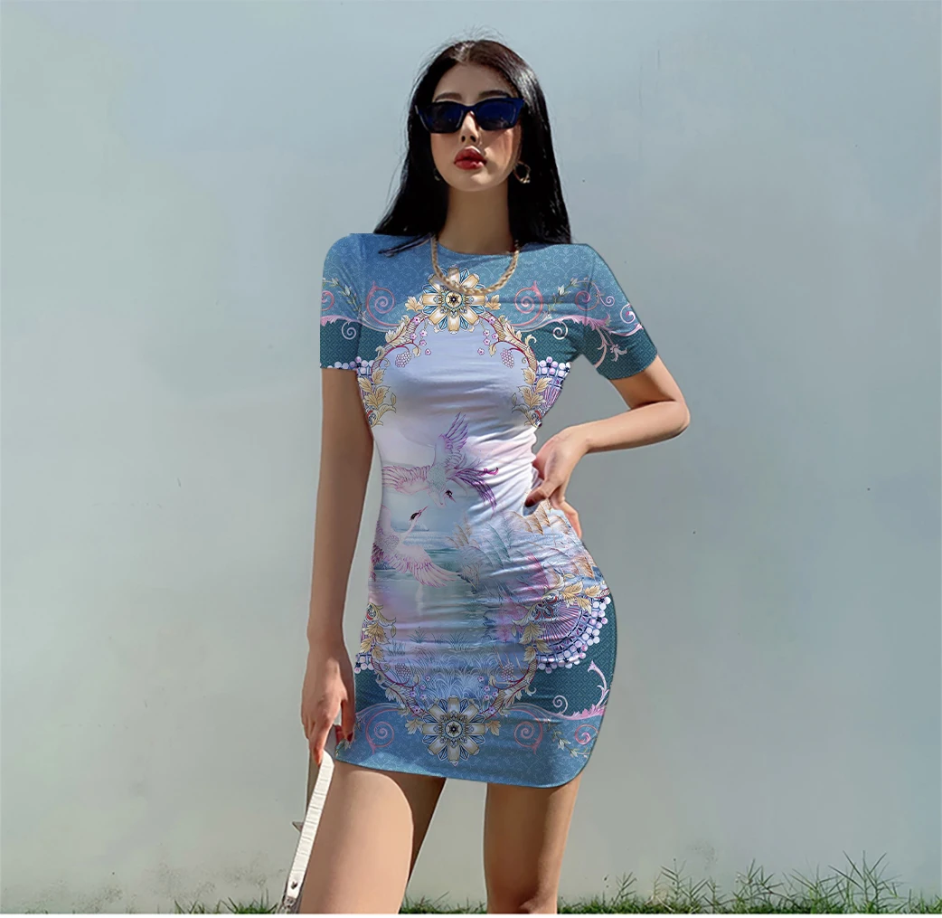 

3D printed slim mini tight dress graffiti sexy wrap chest skirt colorful beach round neck short sleeve nightclub club color