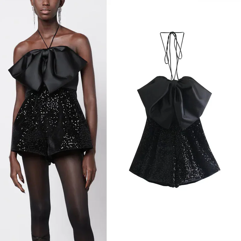 

2022 Spring Bow Sequin Woman Jumpsuit Black Exposed Shhoulders Tied Thin Strap Romper Fashion Smocked Elastic Jumpsuits Femal