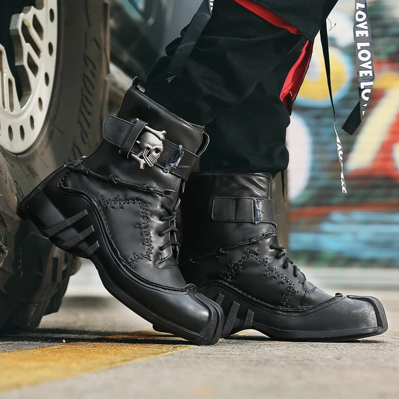 Punk boots Men's Vintage &amp Unique Look Genuine Leather Ankle Motorcycle Military Combat Boots with Skull | Обувь