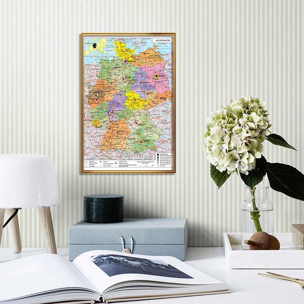 

59*42cm The Germany Political Map Transportation Map In French Wall Art Poster Canvas Painting School Supplies Home Decoration