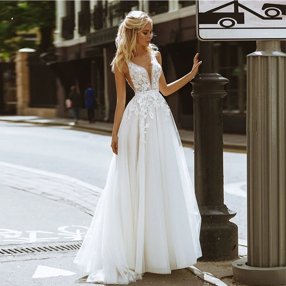 

Elegant A-Line Wedding Dress Deep V-neck Charming Sleeveless Open Back Lace Appliques Bridal Gowns 2021 Vestido De Noiva