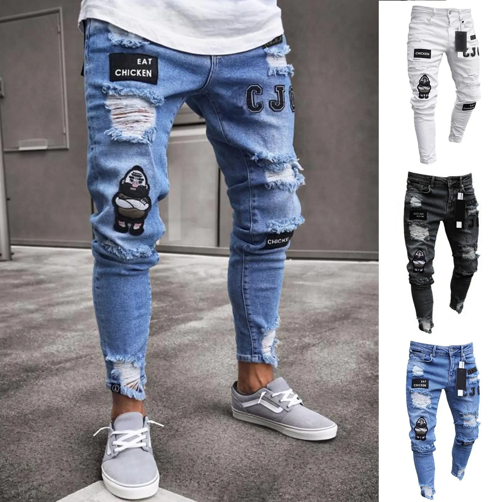 

Stylish Men Badge Ripped Hole Pockets Skinny Jeans Stretchy Tights Denim Pants