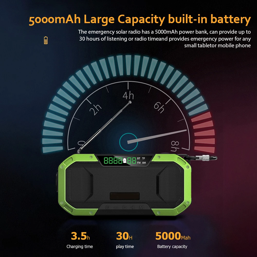 spesifikasi Radio Darurat 5000MAh Dengan Senter LED Engkol Tangan Portabel Radio Cuaca BT/TF/AM/FM Untuk Kemah Rumah Bertahan Hidup