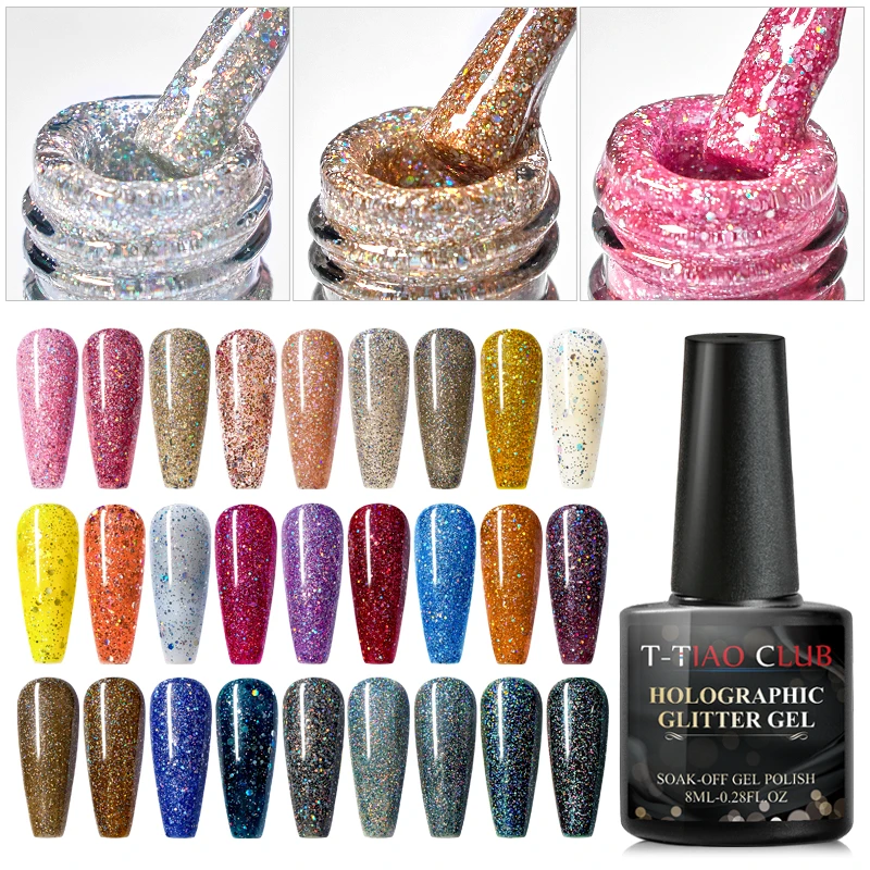

T-TIAO CLUB 8ml Gel Nail Polish Glitter Gel Holographic Colorful Shine Soak Off UV Gel Varnish Long Lasting Nail Art Design Gel