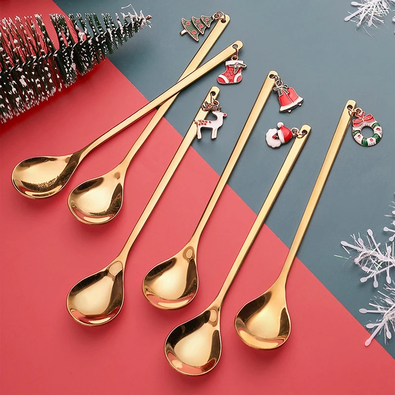 

Coffee Spoon With Christmas Pendant Stainless Steel Teaspoon Dessert Snack Pastry Scoop Milk Drink Spoons Tableware