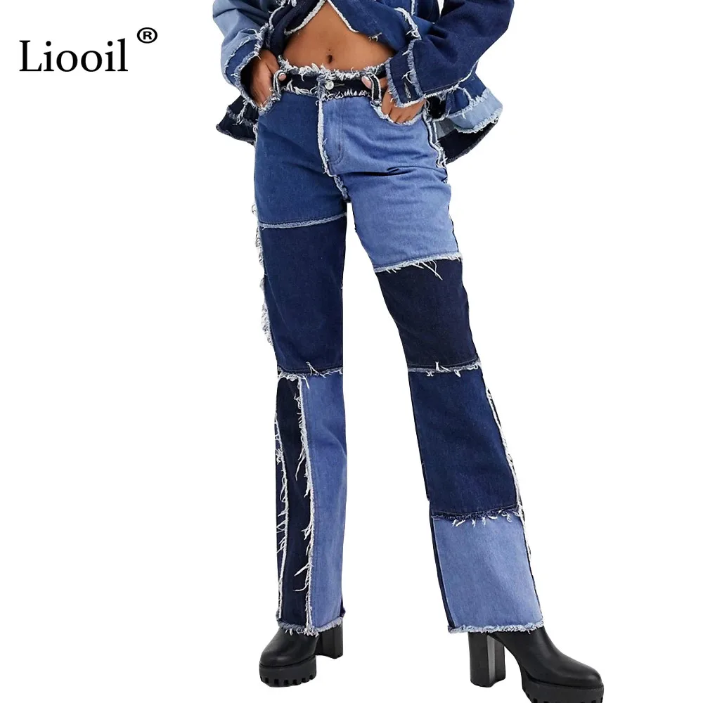 

Streetwear boyfriend Liooil Patchwork Straight Brown Jeans Skinny Denim Pants Woman Color Block High Waist Sexy Leg Trousers Str