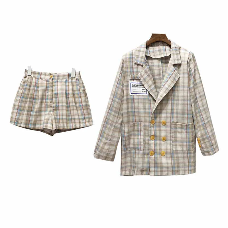 

PERHAPS U женский розовый персиковый клетчатый двубортный блейзер с вырезом на воротнике брюки в стиле ампир Повседневный свободный комплект и...