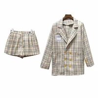 perhaps u women pink apricot plaid notch collar double breasted blazer empire shorts pant casual loose two pieces set t0193