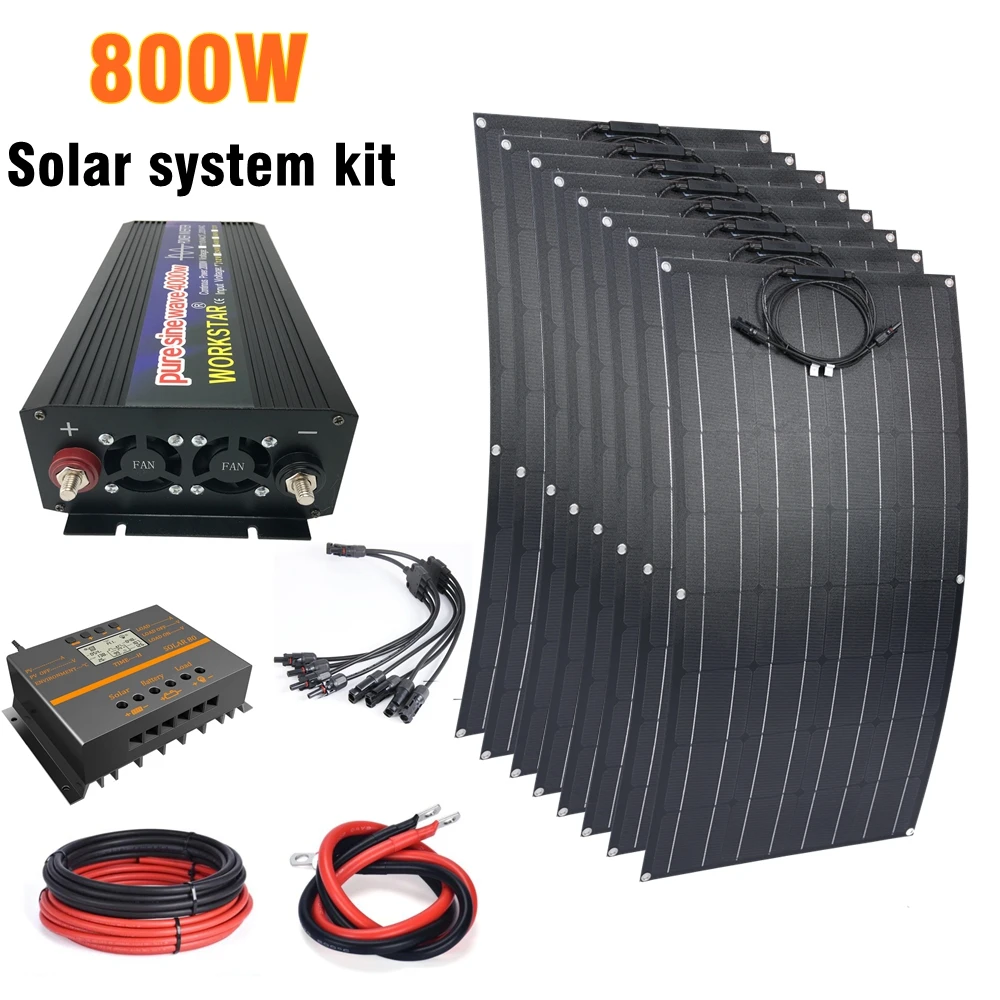 

Комплект солнечных батарей 800 Вт, зарядное устройство для дома и кемпинга, 100 Вт, Гибкая солнечная панель ETFE, полная автономная Солнечная сис...