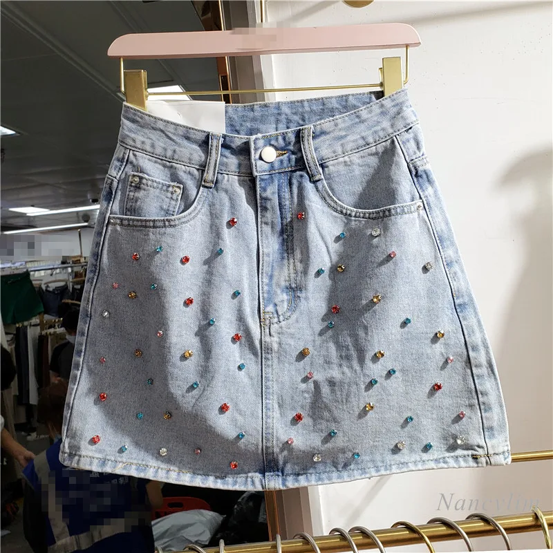 

Colorful Crystals Rhinestone Beaded Denim Skirt Women 2021 New Summer A- Line Jeans Mini Skirts Blue White Nancylim