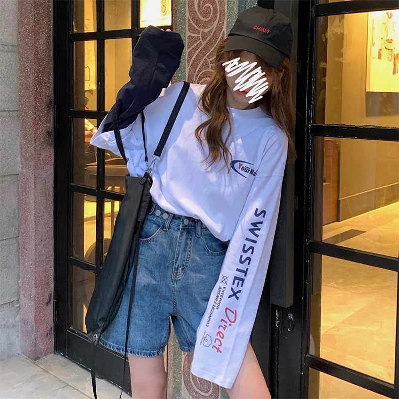 Футболка из двух частей в гонконгском стиле с длинным рукавом Женская весенне