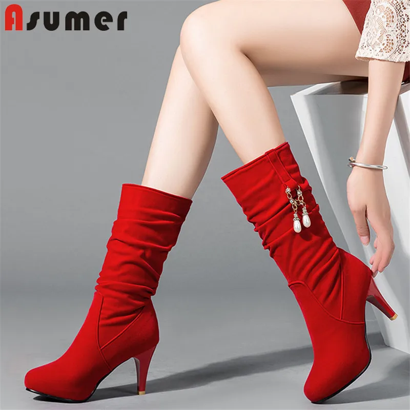 Женские ботинки до середины икры ASUMER из флока на высоком каблуке шпильке Осень