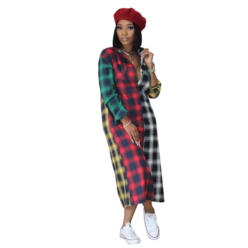 

SSEURAT Women Plaid Patchwork Long Sleeve Mid-calf Long Blouse & Shirts Tops