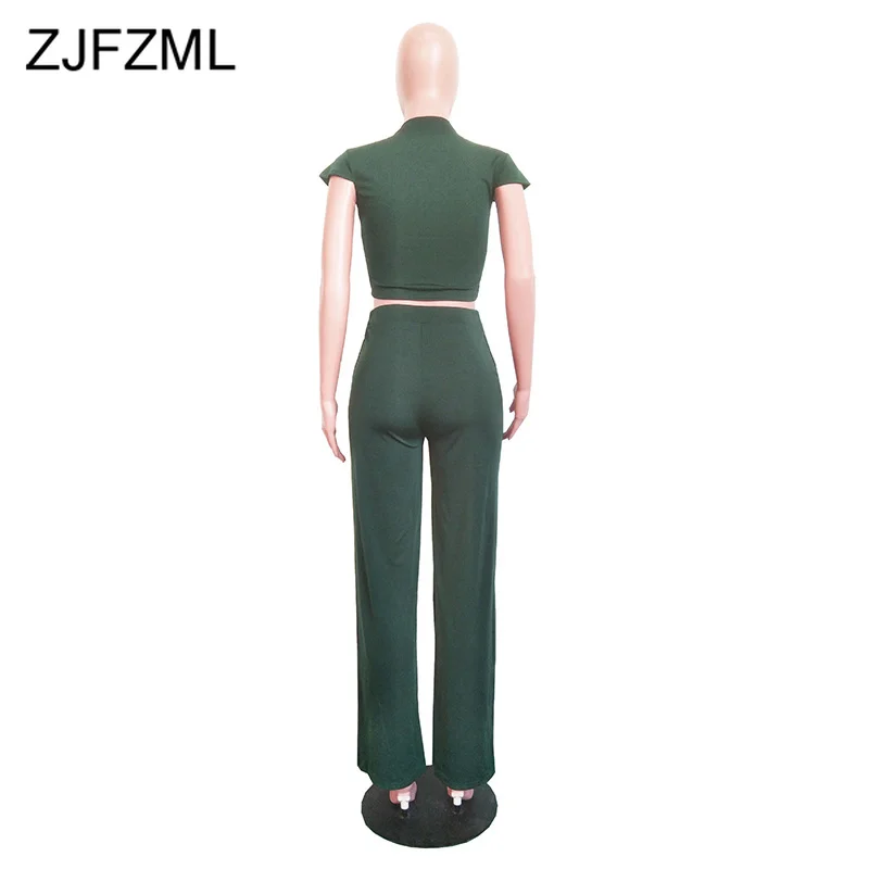 

Causal Cotton Sexy 2 Piece Set Women's Costumes Round Neck Short Sleeve Crop Tops and Belt Straight Pants Suit Plus Size Outfits