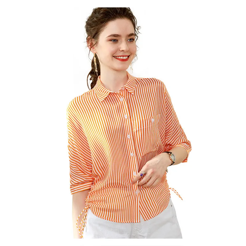 

Design Sense Non-Mainstream Striped Prints Shirt Lapel Half Sleeve Loose Silk Shirt Female 2020 Fashion New Style