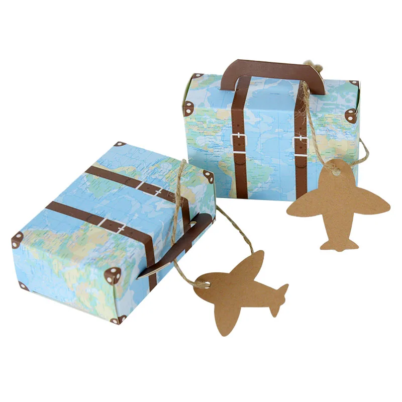 

Mini Suitcase Candy Box Wedding Favors Travel Theme Paper Gift Boxes with Airplane Label Tags for Birthday Event Party Supplies